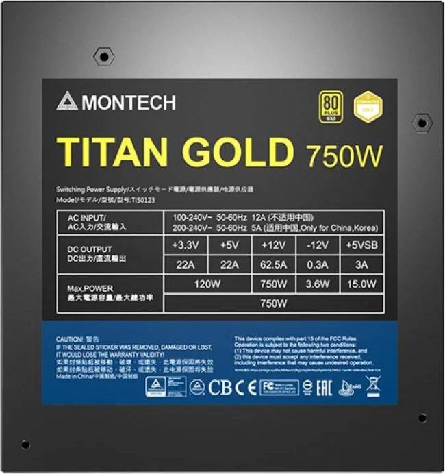 Блок питания Montech TITAN GOLD 750 TIS0123 — для бизнеса и офиса Блок питания Montech TITAN GOLD 750 TIS0123 — для бизнеса и офиса