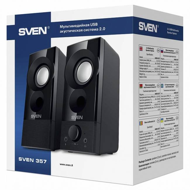 SVEN 357, чёрный, USB, акустическая система 2.0, мощность 2x3 Вт(RMS) SVEN 357 Black — для бизнеса и офиса SVEN 357, чёрный, USB, акустическая система 2.0, мощность 2x3 Вт(RMS) SVEN 357 Black — для бизнеса и офиса