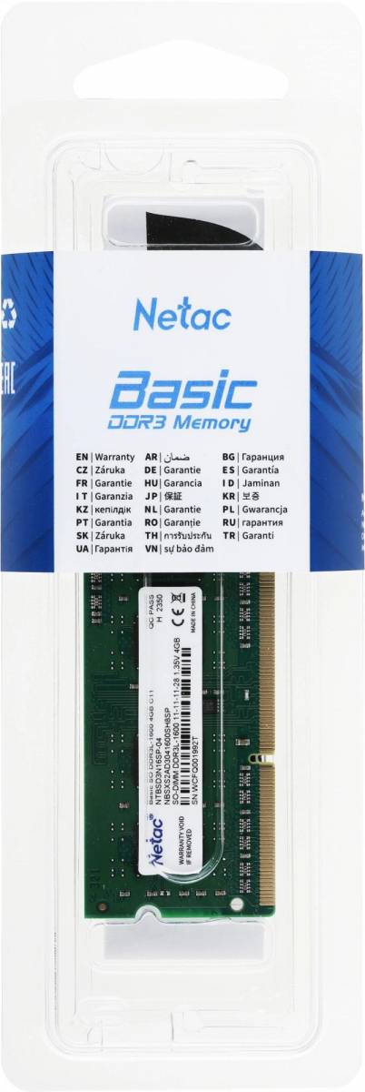 Память DDR3L 4Gb 1600MHz Netac NTBSD3N16SP-04 — для бизнеса и офиса