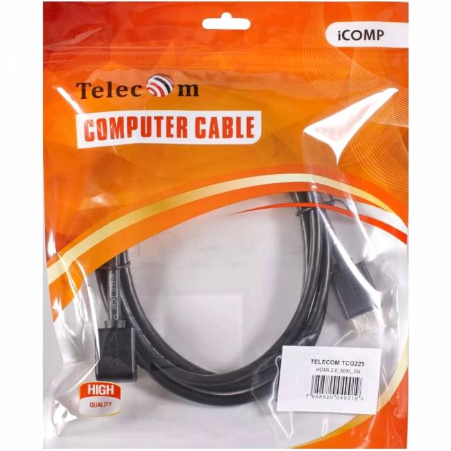 Кабель HDMI---HDMI ver 2.0 угловой коннектор 90град  2м,Telecom <TCG225-2M> Telecom TCG225-2M — для бизнеса и офиса