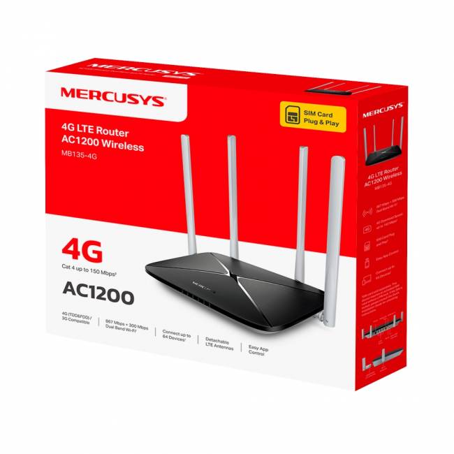 AC1200 Беспроводной маршрутизатор со встроенным 4G LTE-модемом 150 Мбит/с Mercusys MB135-4G — для бизнеса и офиса AC1200 Беспроводной маршрутизатор со встроенным 4G LTE-модемом 150 Мбит/с Mercusys MB135-4G — для бизнеса и офиса