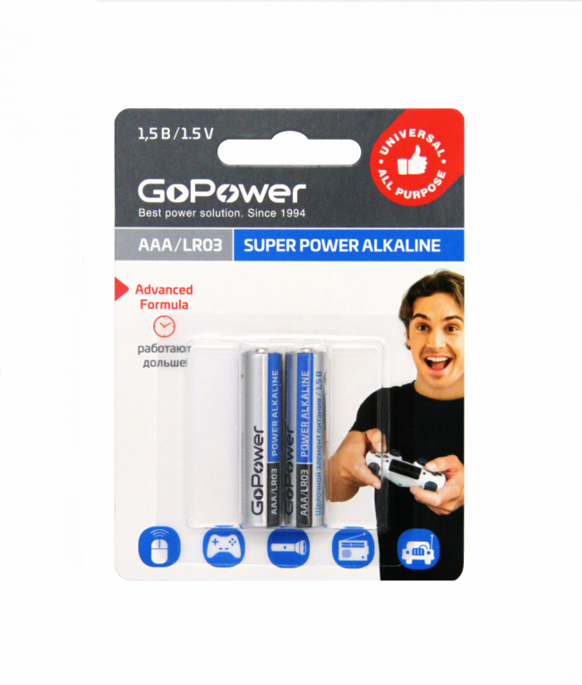 Батарейка GoPower LR03 AAA BL2 Alkaline 1.5V (2/24/480) блистер (2 шт.) Батарейка GoPower LR03 AAA (00-00019862) — для бизнеса и офиса Батарейка GoPower LR03 AAA BL2 Alkaline 1.5V (2/24/480) блистер (2 шт.) Батарейка GoPower LR03 AAA (00-00019862) — для бизнеса и офиса