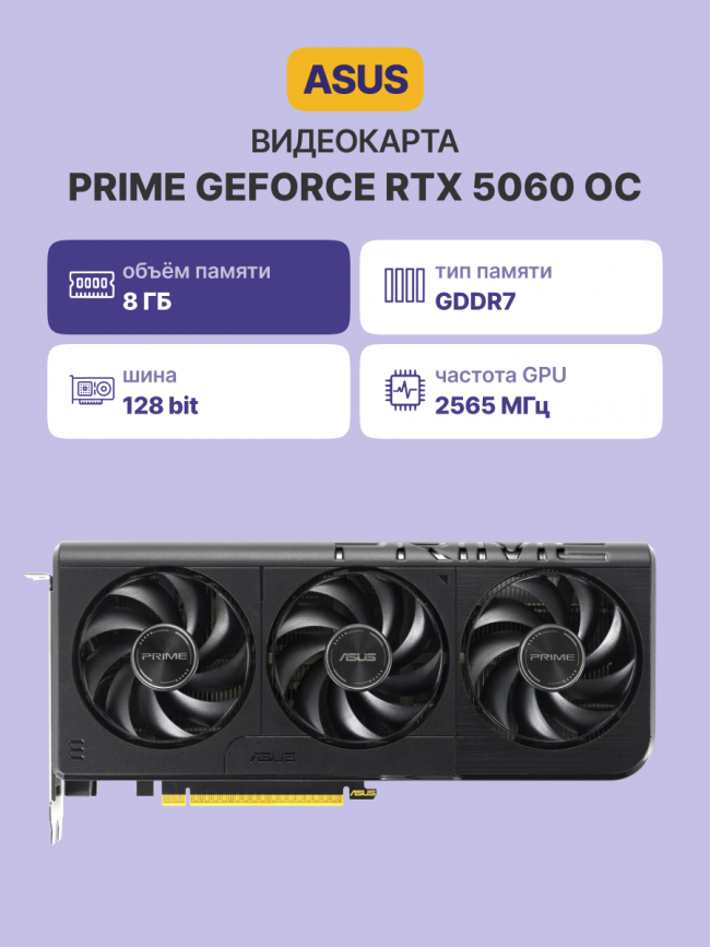 Видеокарта ASUS PRIME RTX5060 O8G — для бизнеса и офиса Видеокарта ASUS PRIME RTX5060 O8G — для бизнеса и офиса