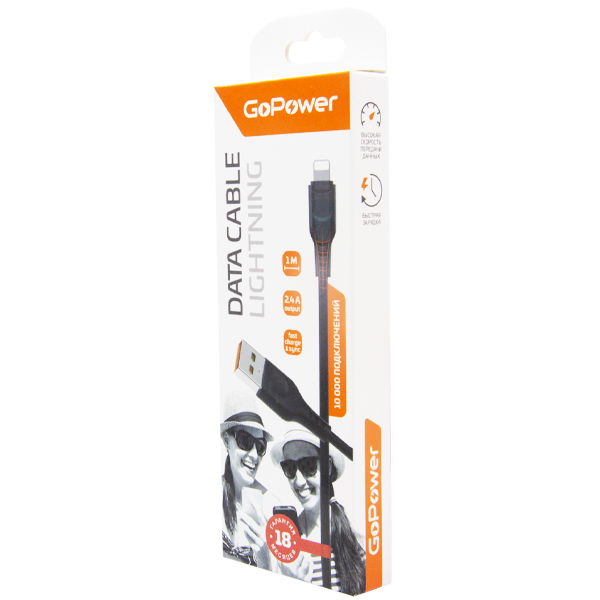 Кабель GoPower GP01L USB (m)-Lightning (m) 1.0м 2.4A ПВХ черный (1/800) Кабель GoPower GP01L (00-00018568) — для бизнеса и офиса