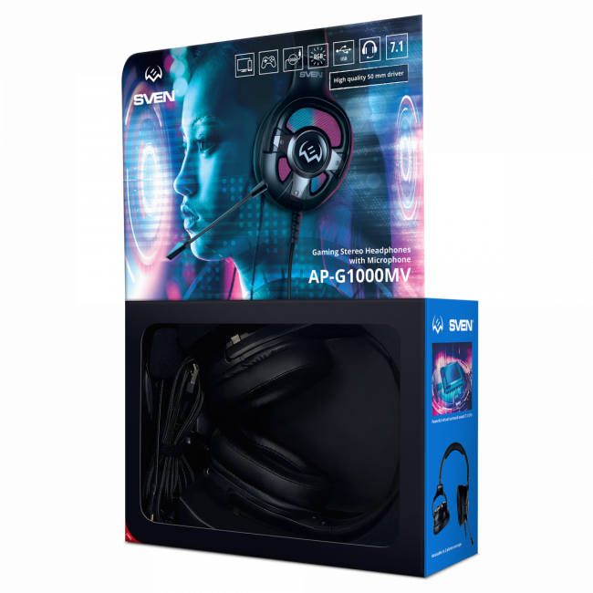 Игровые наушники с микрофоном SVEN AP-U1100MV, черный (USB, RGB, 7.1) SVEN AP-U1100MV SV-020828 — для бизнеса и офиса Игровые наушники с микрофоном SVEN AP-U1100MV, черный (USB, RGB, 7.1) SVEN AP-U1100MV SV-020828 — для бизнеса и офиса