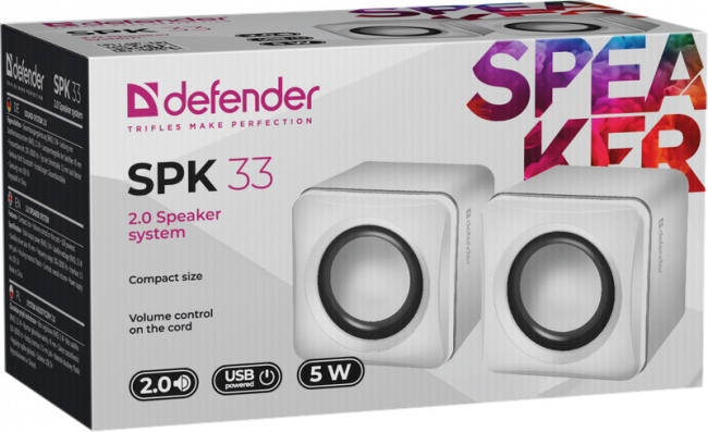 Defender#1 Акустическая 2.0 система SPK 33 белый, 5 Вт, питание от USB Defender SPK 33 (65631) — для бизнеса и офиса