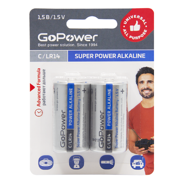 Батарейка GoPower LR14 C BL2 Alkaline 1.5V (2/12/192) блистер (2 шт.) Батарейка GoPower LR14 C (00-00017861) — для бизнеса и офиса