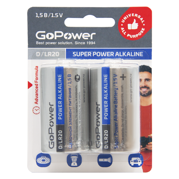 Батарейка GoPower LR20 D BL2 Alkaline 1.5V (2/12/96) блистер (2 шт.) Батарейка GoPower LR20 D (00-00017862) — для бизнеса и офиса Батарейка GoPower LR20 D BL2 Alkaline 1.5V (2/12/96) блистер (2 шт.) Батарейка GoPower LR20 D (00-00017862) — для бизнеса и офиса