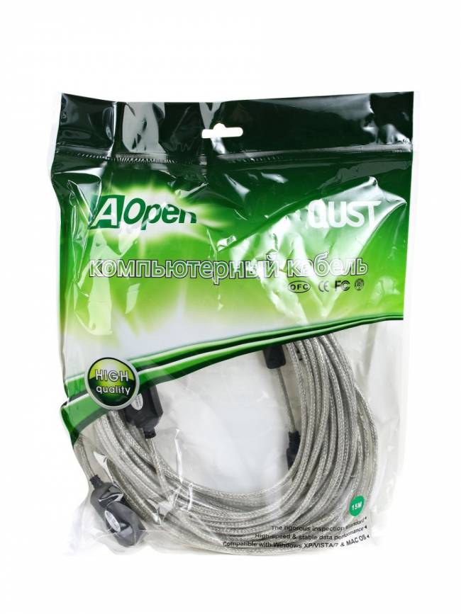 Кабель-адаптер USB2.0-repeater, удлинительный активный <Am-->Af> 15м Aopen/Qust <ACU823-15M> AOpen USB 2.0 Type-AM - USB 2.0 Type-AF 15м — для бизнеса и офиса