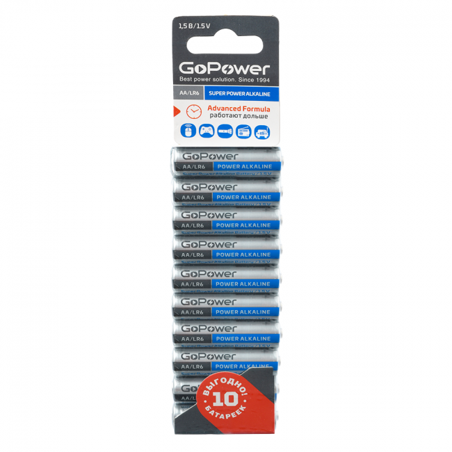 Батарейка GoPower LR6 AA BL10 Alkaline 1.5V (10/60/360) блистер (10 шт.) Батарейка GoPower LR6 AA (00-00019863) — для бизнеса и офиса Батарейка GoPower LR6 AA BL10 Alkaline 1.5V (10/60/360) блистер (10 шт.) Батарейка GoPower LR6 AA (00-00019863) — для бизнеса и офиса