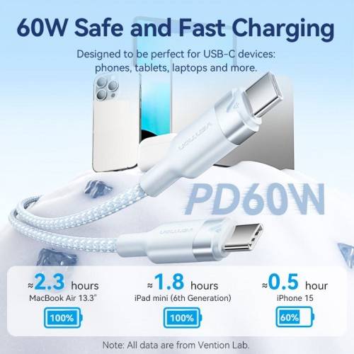 Кабель Vention USB 2.0 CM/CM - 1м. Белый 3А PD60W Vention TRDWF — для бизнеса и офиса Кабель Vention USB 2.0 CM/CM - 1м. Белый 3А PD60W Vention TRDWF — для бизнеса и офиса