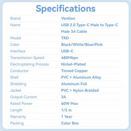 Кабель Vention USB 2.0 CM/CM - 1м. Белый 3А PD60W Vention TRDWF — для бизнеса и офиса Кабель Vention USB 2.0 CM/CM - 1м. Белый 3А PD60W Vention TRDWF — для бизнеса и офиса
