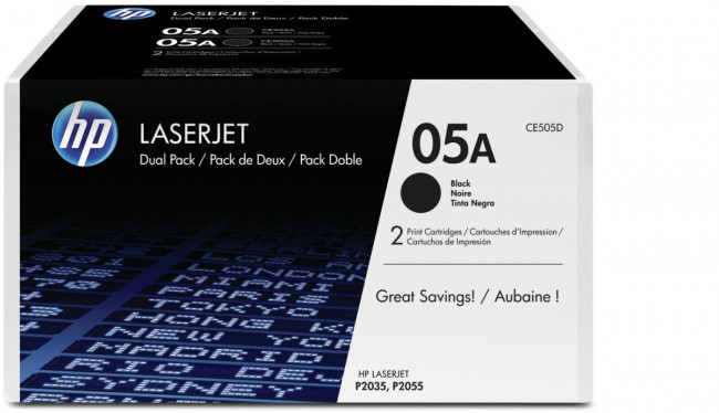 Тонер-картридж набор из 2 шт HP 05A Black Dual Pak LaserJet Toner Cartridge (CE505D) — для бизнеса и офиса Тонер-картридж набор из 2 шт HP 05A Black Dual Pak LaserJet Toner Cartridge (CE505D) — для бизнеса и офиса