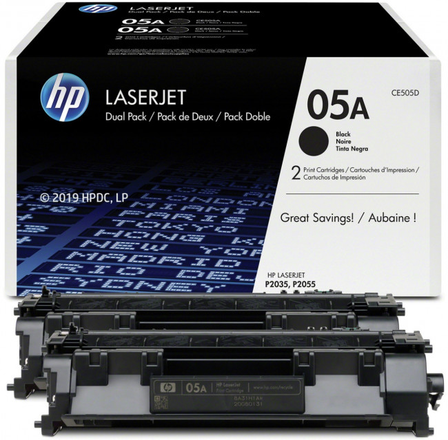 Тонер-картридж набор из 2 шт HP 05A Black Dual Pak LaserJet Toner Cartridge (CE505D) — для бизнеса и офиса Тонер-картридж набор из 2 шт HP 05A Black Dual Pak LaserJet Toner Cartridge (CE505D) — для бизнеса и офиса