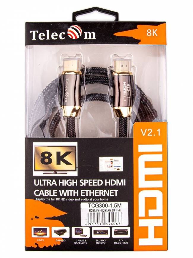 Кабель HDMI 19M/M,ver. 2.1, 8K@60 Hz 1.5m метал разъемы, нейлоновая оплетка Telecom <TCG300-1.5M> Telecom HDMI (m) - HDMI (m) 1.5м — для бизнеса и офиса