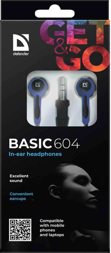 Defender Наушники вставки Basic 604 черный + голубой Defender Basic 604 — для бизнеса и офиса