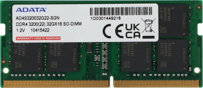 Память DDR4 32Gb 3200MHz ADATA AD4S320032G22-SGN — для бизнеса и офиса Память DDR4 32Gb 3200MHz ADATA AD4S320032G22-SGN — для бизнеса и офиса