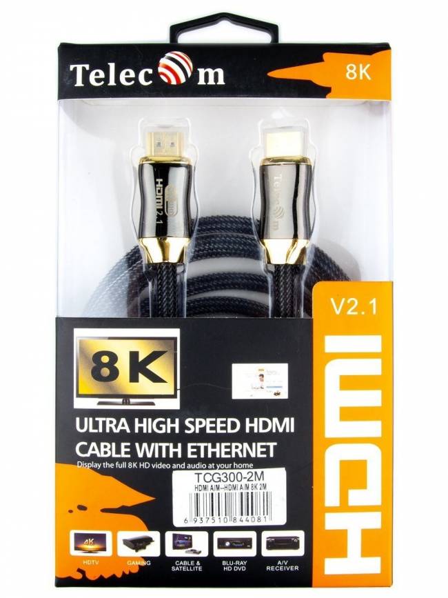 Кабель HDMI 19M/M,ver. 2.1, 8K@60 Hz 2m метал разъемы, нейлоновая оплетка Telecom <TCG300-2M> VCOM HDMI (m) - HDMI (m) 2м — для бизнеса и офиса