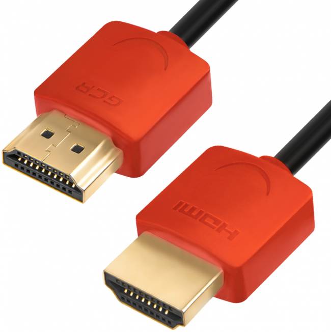 Greenconnect Кабель SLIM 3.0m HDMI 2.0, красные коннекторы Slim, OD3.8mm, HDR 4:2:2, Ultra HD, 4K 60 fps 60Hz, 3D, AUDIO, 18.0 Гбит/с, 32/32 AWG, GCR-51601 Greenconnect HDMI (m) - HDMI (m) 3м — для бизнеса и офиса