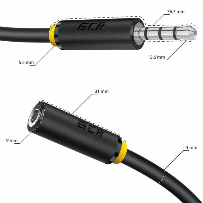 GCR Удлинитель для гарнитуры 0.15m jack 3,5mm/jack 3,5mm черный, желтая окантовка, 28AWG, M/F, GCR-53262 Greenconnect jack 3,5mm (m) - jack 3,5mm (f) 3.5  0.15м черный — для бизнеса и офиса
