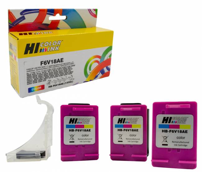 Набор Hi-Black (F6V18AE) №123 (1 адапт. картридж+ 3 сменных чернильницы) для HP DJ2130, Color — для бизнеса и офиса Набор Hi-Black (F6V18AE) №123 (1 адапт. картридж+ 3 сменных чернильницы) для HP DJ2130, Color — для бизнеса и офиса
