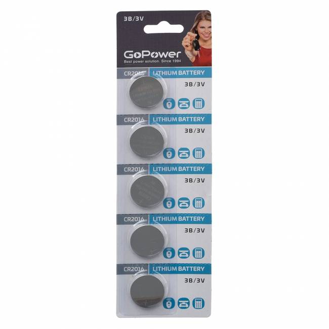 Батарейка GoPower CR2016 BL5 Lithium 3V (5/100/2000) блистер (5 шт.) Батарейка GoPower CR2016 (00-00015605) — для бизнеса и офиса Батарейка GoPower CR2016 BL5 Lithium 3V (5/100/2000) блистер (5 шт.) Батарейка GoPower CR2016 (00-00015605) — для бизнеса и офиса
