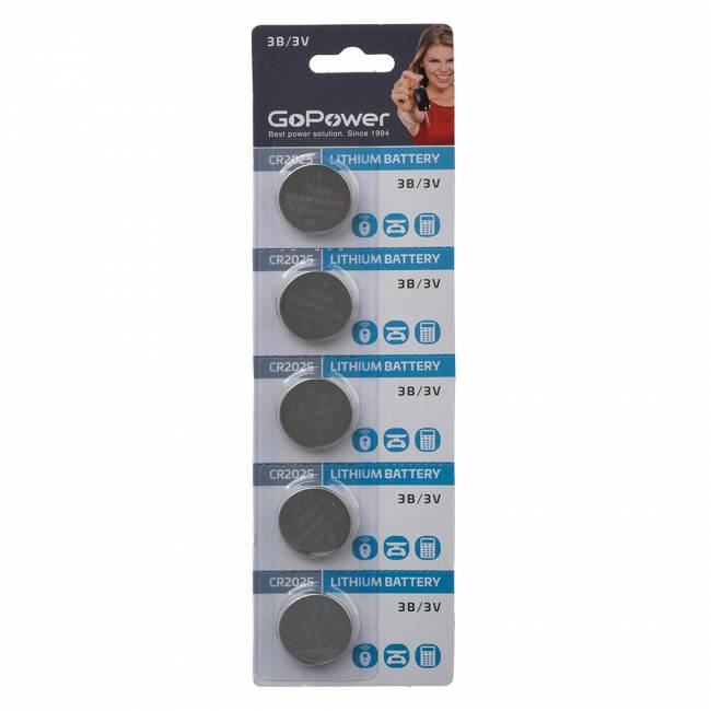 Батарейка GoPower CR2025 BL5 Lithium 3V (5/100/2000) блистер (5 шт.) Батарейка GoPower CR2025 (00-00015604) — для бизнеса и офиса Батарейка GoPower CR2025 BL5 Lithium 3V (5/100/2000) блистер (5 шт.) Батарейка GoPower CR2025 (00-00015604) — для бизнеса и офиса
