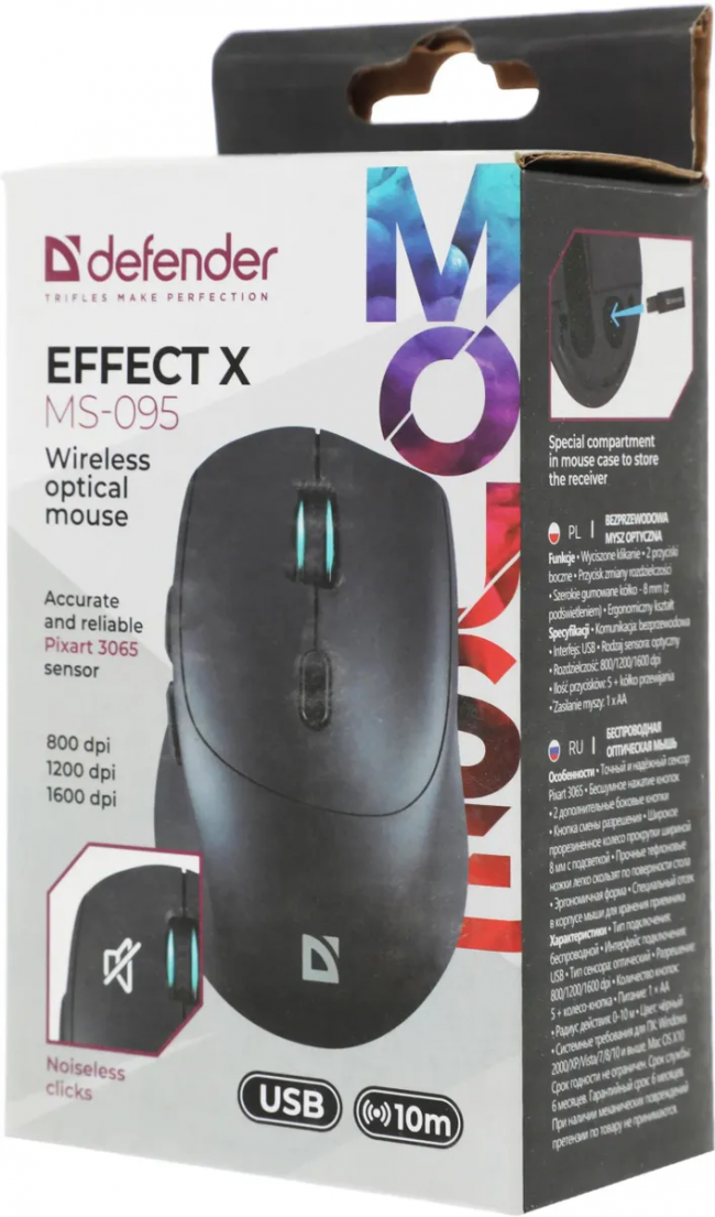 Defender Беспроводная оптическая мышь Effect X MS-095 черный,6D,800-1600dpi,бесшумн Defender 52095 — для бизнеса и офиса Defender Беспроводная оптическая мышь Effect X MS-095 черный,6D,800-1600dpi,бесшумн Defender 52095 — для бизнеса и офиса
