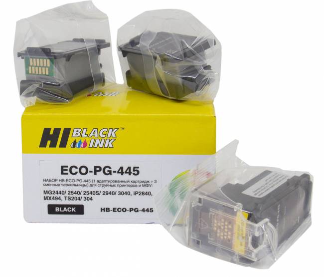 Набор Hi-Black PG-445 (1 адапт. картридж+ 3 сменных чернильницы) для Canon PIXMA MG2440/2540, Black — для бизнеса и офиса Набор Hi-Black PG-445 (1 адапт. картридж+ 3 сменных чернильницы) для Canon PIXMA MG2440/2540, Black — для бизнеса и офиса
