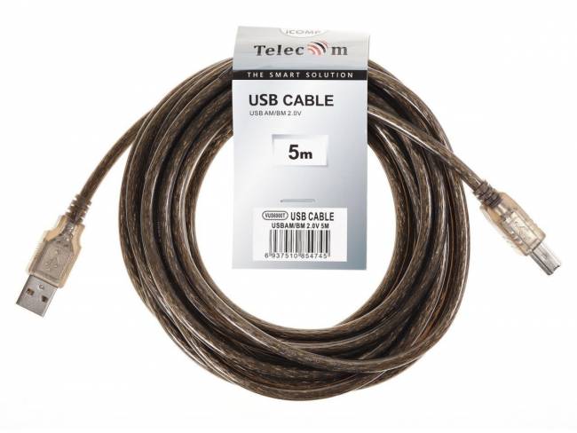 Кабель USB2.0 AM/BM 5m прозрачная изоляция Telecom (VUS6900T-5M) Telecom USB 2.0 Type-AM - USB 2.0 Type-BM 5м — для бизнеса и офиса