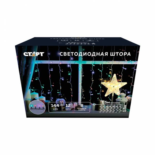 Гирлянда Гирлянда 144LED 220V, 8 режимов, 1,5х1,5м, занавес, разноцветная — для бизнеса и офиса Гирлянда Гирлянда 144LED 220V, 8 режимов, 1,5х1,5м, занавес, разноцветная — для бизнеса и офиса