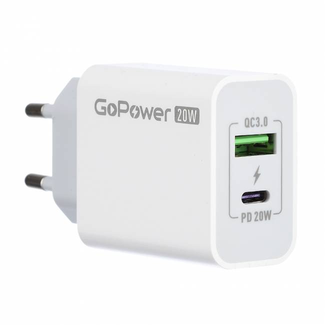 Сетевое З/У Сетевое З/У GoPower GPQC08 1USB+1Type-C 20W QC3.0 белый — для бизнеса и офиса Сетевое З/У Сетевое З/У GoPower GPQC08 1USB+1Type-C 20W QC3.0 белый — для бизнеса и офиса
