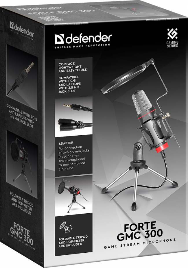 Defender Игровой стрим микрофон Forte GMC 300 3,5 мм, провод 1.5 м Defender Forte GMC 300 — для бизнеса и офиса Defender Игровой стрим микрофон Forte GMC 300 3,5 мм, провод 1.5 м Defender Forte GMC 300 — для бизнеса и офиса