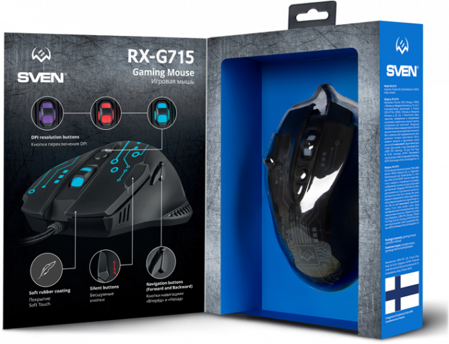 Игровая мышь SVEN RX-G715 (7+1кл., бесш. кл., 1200-3200 DPI, SoftTouch, подсветка, игров. упак) Sven RX-G715 — для бизнеса и офиса Игровая мышь SVEN RX-G715 (7+1кл., бесш. кл., 1200-3200 DPI, SoftTouch, подсветка, игров. упак) Sven RX-G715 — для бизнеса и офиса