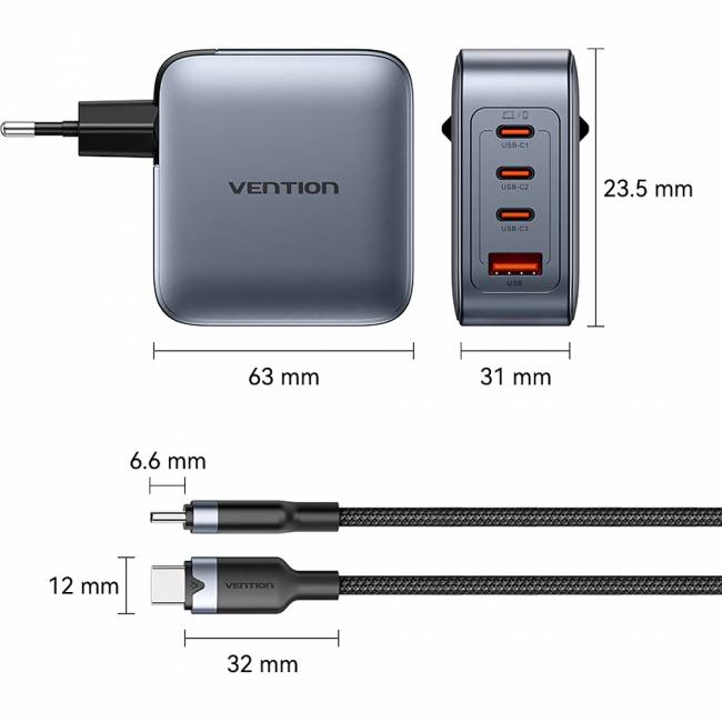 Набор Vention з/у на 4 порта GaN 100W USB (C+C+C+A) и кабель USB-C 5А Серый Vention TZ-FETH0-EU — для бизнеса и офиса Набор Vention з/у на 4 порта GaN 100W USB (C+C+C+A) и кабель USB-C 5А Серый Vention TZ-FETH0-EU — для бизнеса и офиса