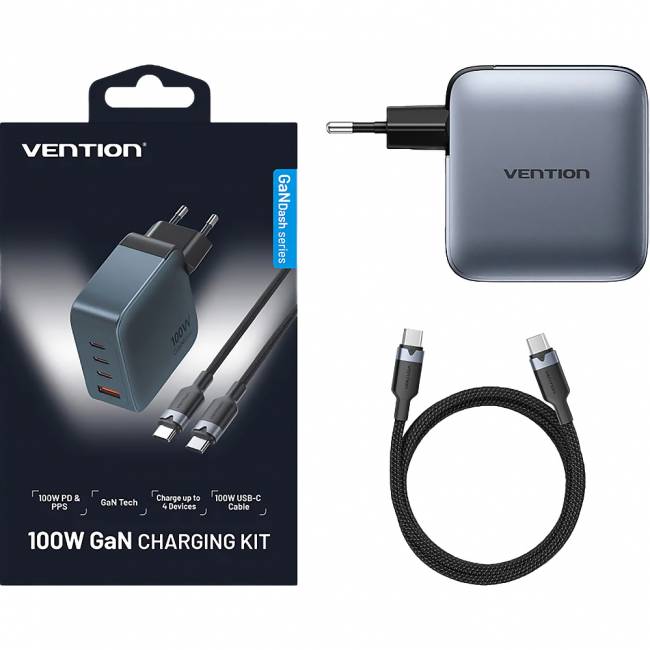 Набор Vention з/у на 4 порта GaN 100W USB (C+C+C+A) и кабель USB-C 5А Серый Vention TZ-FETH0-EU — для бизнеса и офиса Набор Vention з/у на 4 порта GaN 100W USB (C+C+C+A) и кабель USB-C 5А Серый Vention TZ-FETH0-EU — для бизнеса и офиса