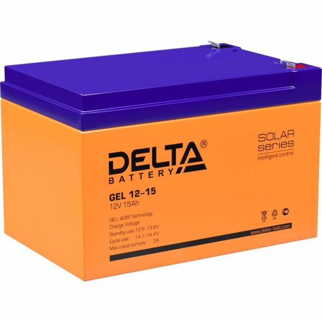 Батарея DELTA серия GEL, GEL 12-15, напряжение 12В, емкость 15Ач (разряд 20 часов), макс. ток разряда (5 сек.) 200А, макс. ток заряда 3А, свинцово-кислотная типа AGM+GEL, клеммы F2, ДxШxВ 151х98х96мм., вес 3.7кг., срок службы 10-12 лет. Delta GEL 12-15 ( — для бизнеса и офиса Батарея DELTA серия GEL, GEL 12-15, напряжение 12В, емкость 15Ач (разряд 20 часов), макс. ток разряда (5 сек.) 200А, макс. ток заряда 3А, свинцово-кислотная типа AGM+GEL, клеммы F2, ДxШxВ 151х98х96мм., вес 3.7кг., срок службы 10-12 лет. Delta GEL 12-15 ( — для бизнеса и офиса