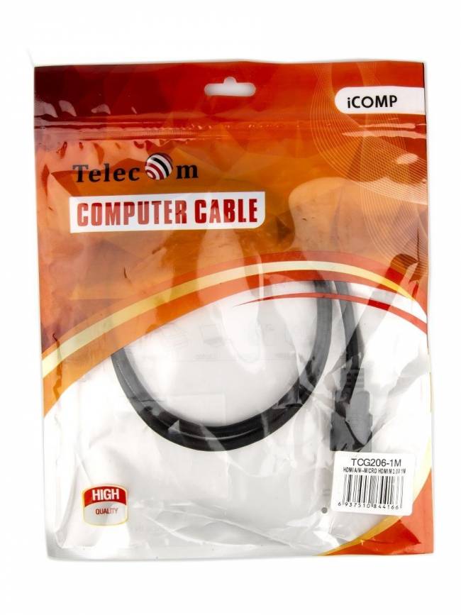 Кабель HDMI-19M --- MicroHDMI-19M ver 2.0+3D/Ethernet,1m Telecom <TCG206-1M> Telecom HDMI (m) - micro-HDMI (m) 1м — для бизнеса и офиса