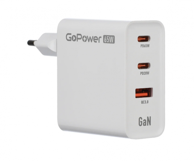 Сетевое З/У Сетевое З/У GoPower GPQC10 1USB+2Type-C 65W QC3.0 GAN белый — для бизнеса и офиса Сетевое З/У Сетевое З/У GoPower GPQC10 1USB+2Type-C 65W QC3.0 GAN белый — для бизнеса и офиса