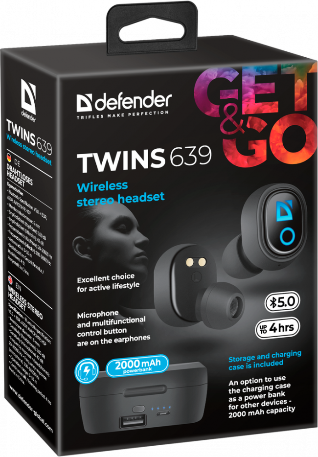 Defender Беспроводная гарнитура Twins 639 черный,TWS, PB, Bluetooth Defender Twins 639 — для бизнеса и офиса