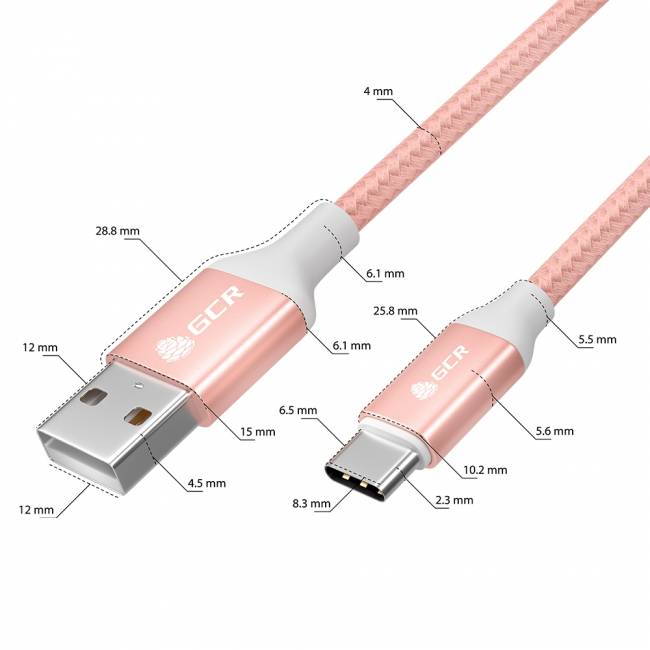 GCR QC Кабель 1.0m, TypeC, быстрая зарядка, розовый нейлон, AL корпус розовый, белый ПВХ, 28/24 AWG, GCR-52509 Greenconnect USB 2.0 Type-AM - USB 2.0 Type-C (m) 1м — для бизнеса и офиса