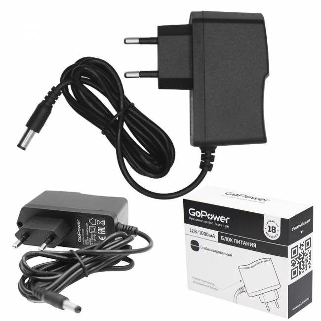 Блок питания GoPower 1.0A 12V 5,5x2,5/12мм импульсный (1/100) Блок питания GoPower 00-00018643 — для бизнеса и офиса Блок питания GoPower 1.0A 12V 5,5x2,5/12мм импульсный (1/100) Блок питания GoPower 00-00018643 — для бизнеса и офиса