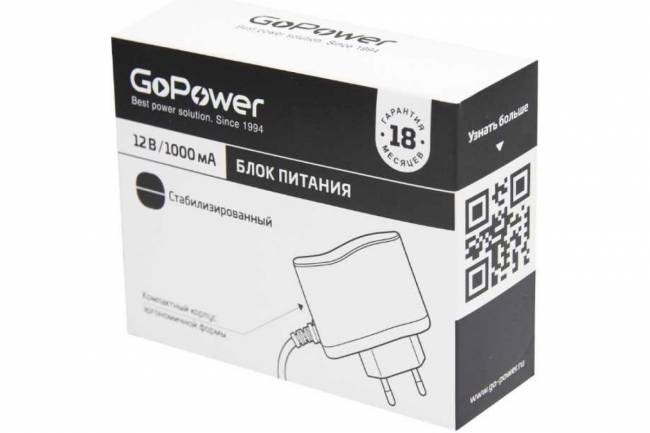 Блок питания GoPower 1.0A 12V 5,5x2,5/12мм импульсный (1/100) Блок питания GoPower 00-00018643 — для бизнеса и офиса Блок питания GoPower 1.0A 12V 5,5x2,5/12мм импульсный (1/100) Блок питания GoPower 00-00018643 — для бизнеса и офиса