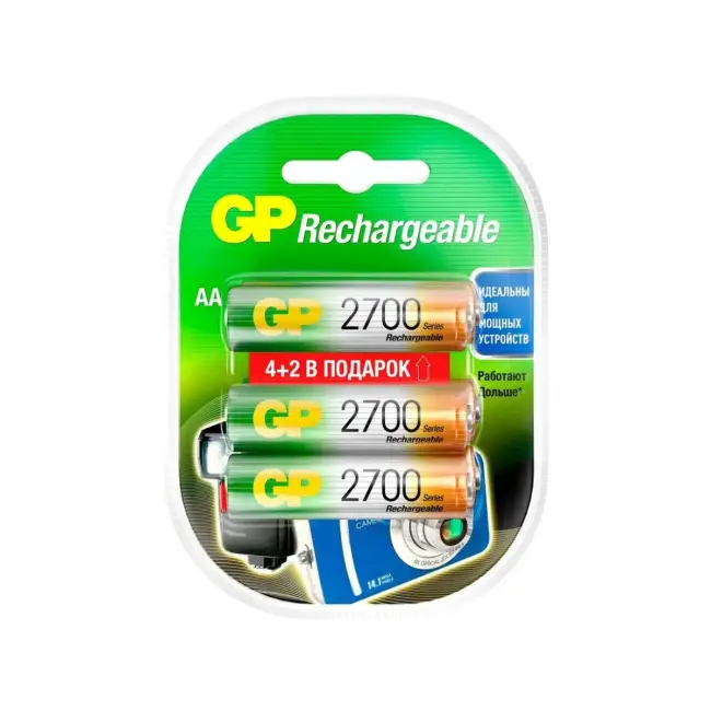Перезаряжаемые аккумуляторы GP 270AAHC AA, мин. ёмкость 2600 мАч - 6 шт.(4+2 в подарок) в клемшеле GP 4891199164507 — для бизнеса и офиса Перезаряжаемые аккумуляторы GP 270AAHC AA, мин. ёмкость 2600 мАч - 6 шт.(4+2 в подарок) в клемшеле GP 4891199164507 — для бизнеса и офиса