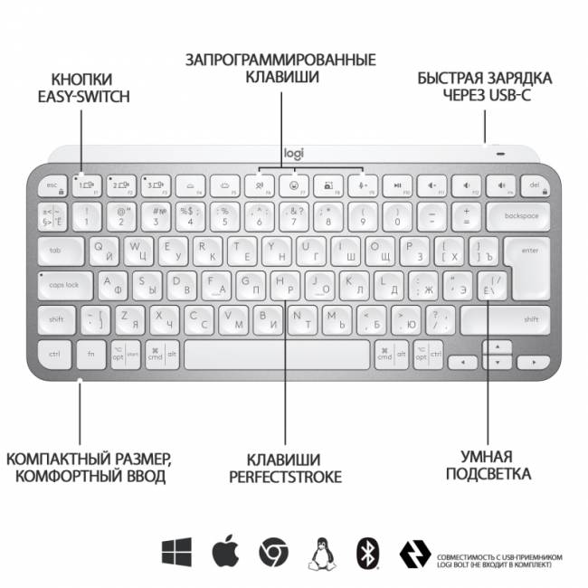Клавиатура Logitech Wireless MX Keys MINI Keyboard Pale Grey — для бизнеса и офиса Клавиатура Logitech Wireless MX Keys MINI Keyboard Pale Grey — для бизнеса и офиса