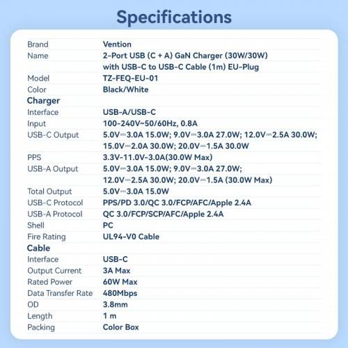 Набор для зарядки Vention з/у GaN 30W 2 порта USB (C + A) и кабель USB-C 3А Чёрный, шт. Vention TZ-FEQB0-EU-01 — для бизнеса и офиса Набор для зарядки Vention з/у GaN 30W 2 порта USB (C + A) и кабель USB-C 3А Чёрный, шт. Vention TZ-FEQB0-EU-01 — для бизнеса и офиса