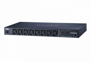 Устройство распределения питания, с управлением, 10A,  2.4kW,  8 портов, 1 банк, IP доступ, ввод C14, (8*C13 монитор. V / A / кВт / кВтч по портам/устройству вкл/выкл по портам;без шнуров) ATEN PE8108G, PE8108G-AX-G