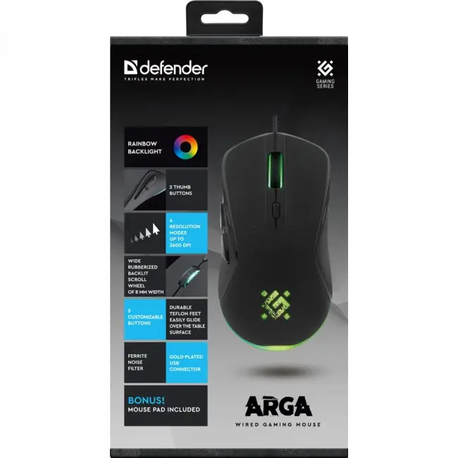 Defender Проводная игровая мышь Arga GM-049 черн,радуж,6кн,3600dpi,+ковер Defender Arga GM-049 — для бизнеса и офиса Defender Проводная игровая мышь Arga GM-049 черн,радуж,6кн,3600dpi,+ковер Defender Arga GM-049 — для бизнеса и офиса