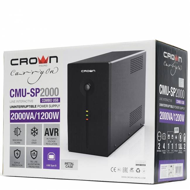 Источник бесперебойного питания Crown CMU-SP2000 COMBO USB — для бизнеса и офиса Источник бесперебойного питания Crown CMU-SP2000 COMBO USB — для бизнеса и офиса