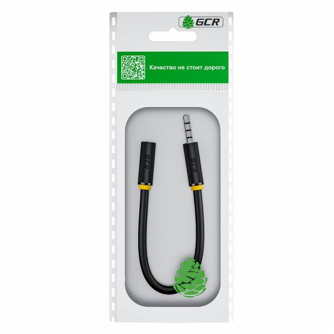 GCR Удлинитель для гарнитуры 0.3m jack 3,5mm/jack 3,5mm черный, желтая окантовка, 28AWG, M/F Greenconnect jack 3,5mm (m) - jack 3,5mm (f) 0.3 черный — для бизнеса и офиса